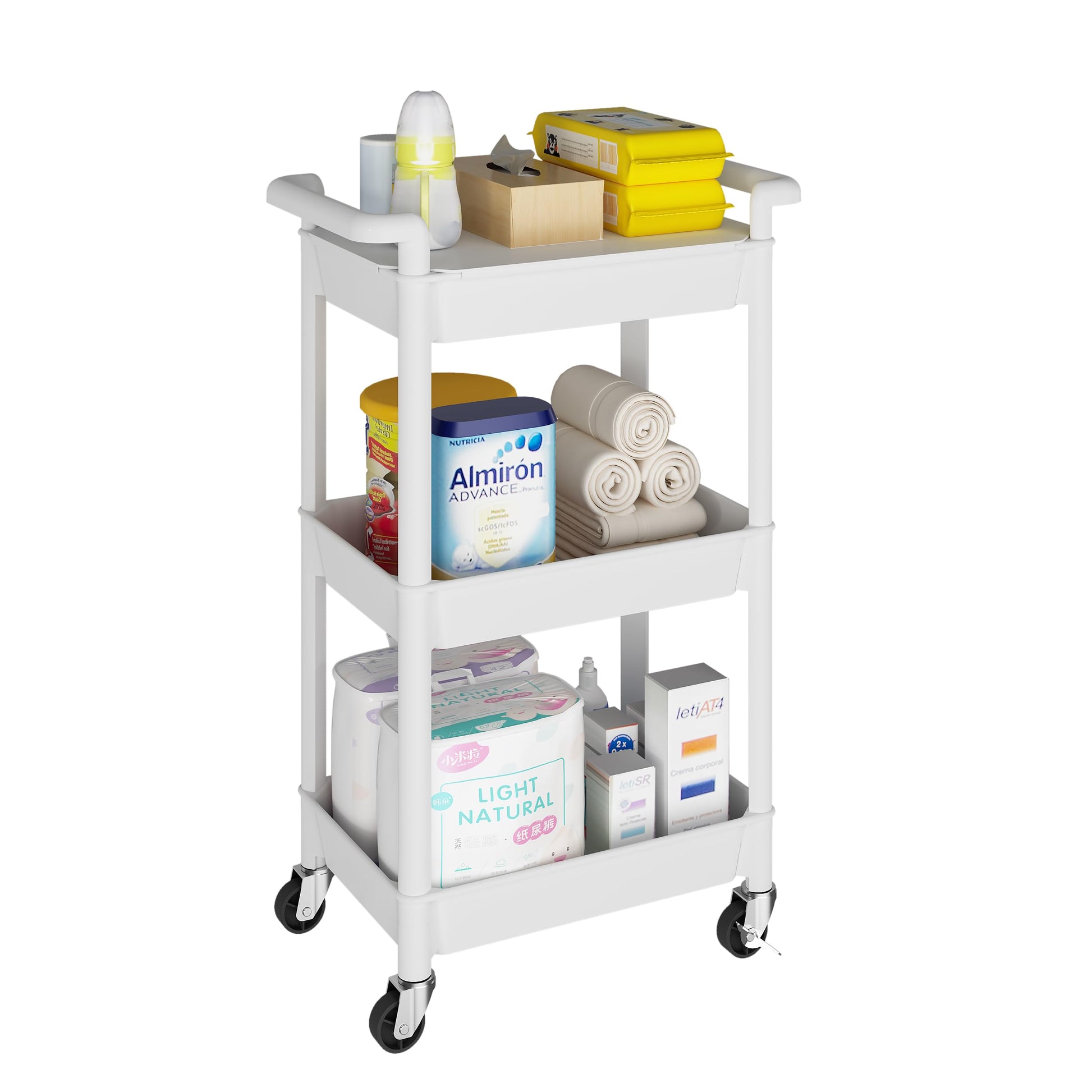 MIOCASA Utility Rolling Cart with Cover Top Board, 3-Tier Kitchen Storage Organization, Art Cart