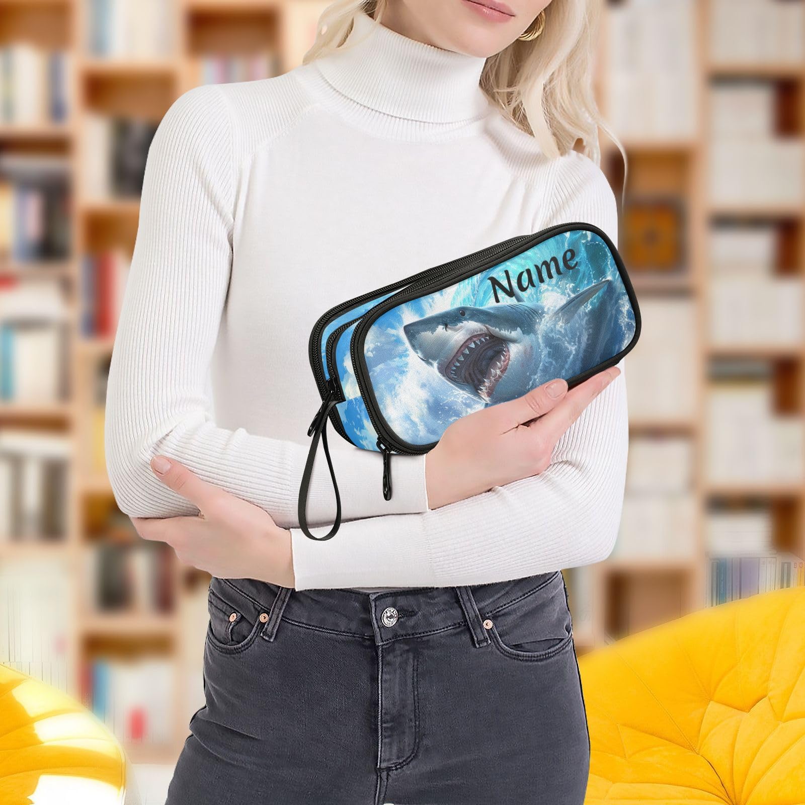BOENLE Custom Shark Blue Ocean Wave Pencil Case Box Boys Girls Personalized Name Large Pencil Pouch