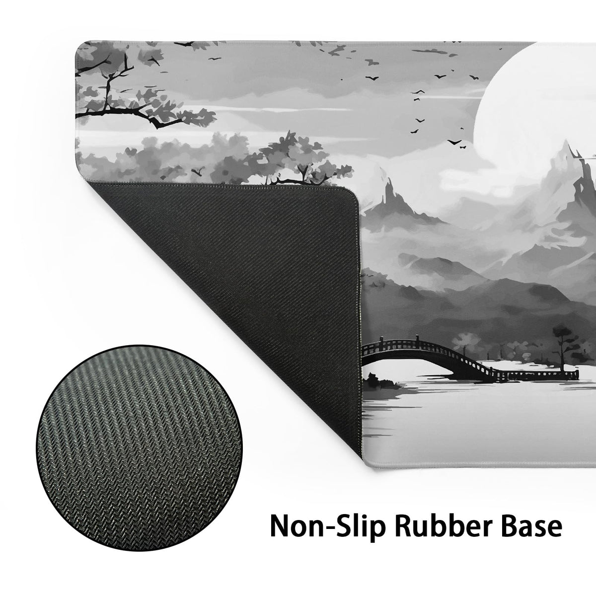 Black Gray Japanese Sakura Gaming Mouse Pad Grey White Cherry Blossom Tower Mountain Aesthetic