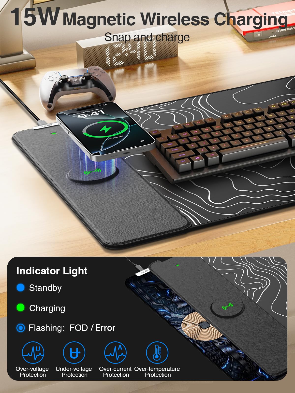 Magnetic Wireless Charging Mouse Pad, 31.5"x15.8" Large Desk Mat