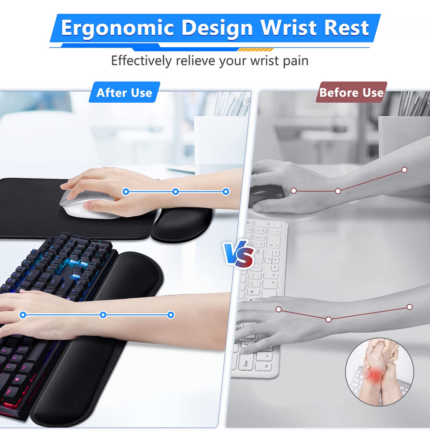Gimars 3Pcs Memory Foam Keyboard Wrist Rest, Mouse Pad Wrist Support for Easy Typing Pain Relief