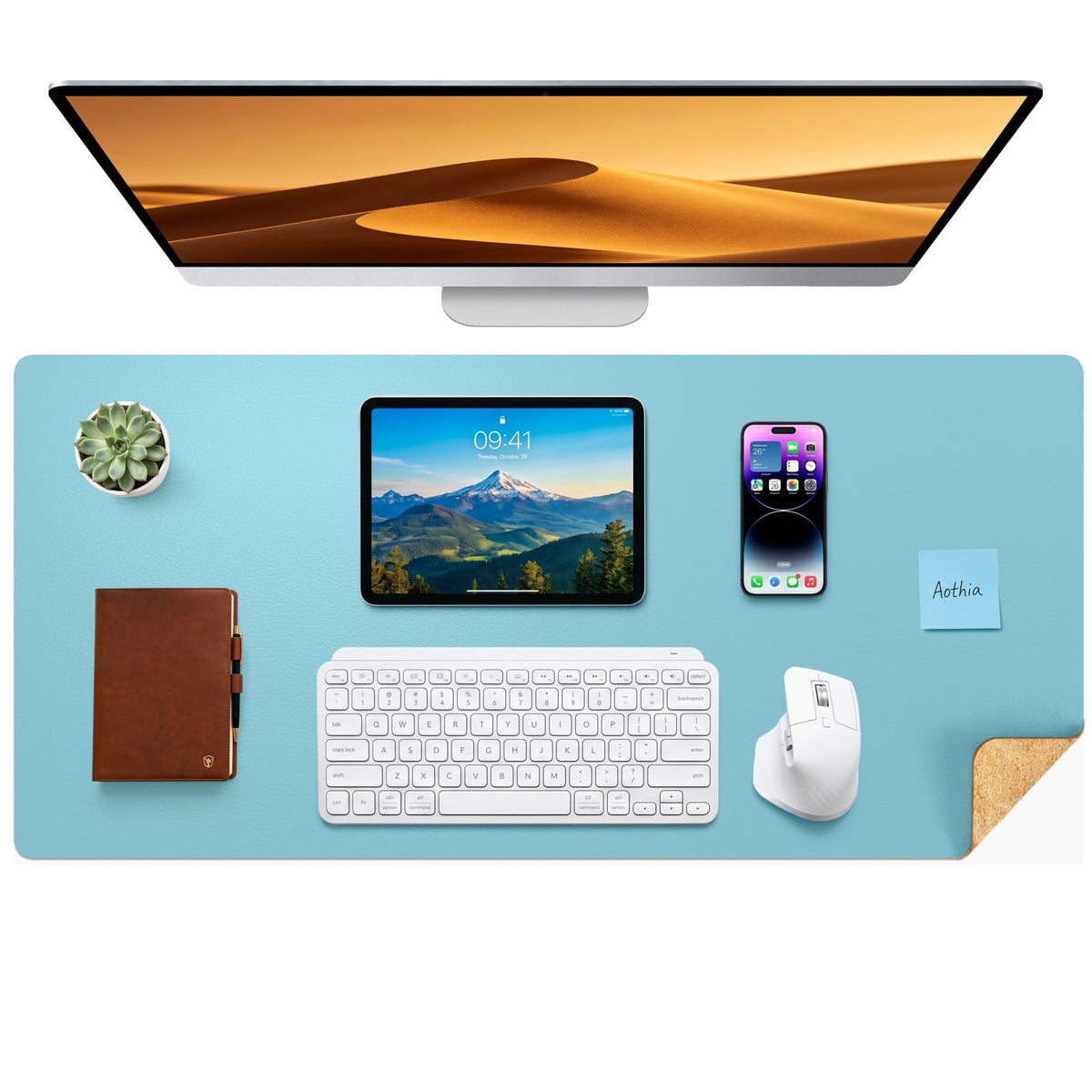 Aothia Double-Sided Desk Pad – 37.8"x17" Leather Desk Mat with Eco Cork Protector, Large Mouse Pad
