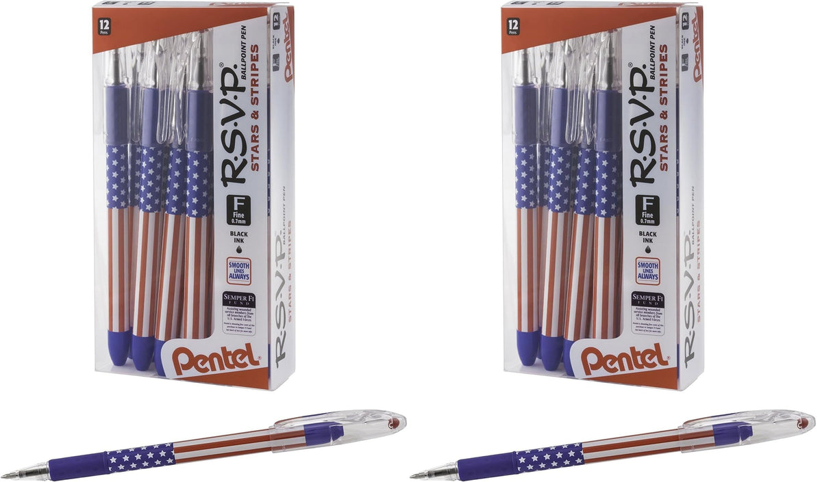 Pentel RSVP Ballpoint Pen, (0.7mm) Fine Line, Flag Barrel, Black Ink,(12 count)- Pack of 2