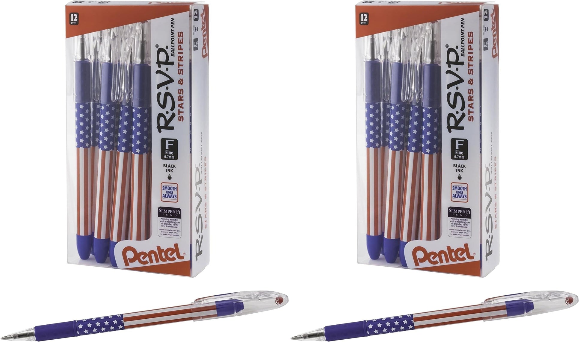 Pentel RSVP Ballpoint Pen, (0.7mm) Fine Line, Flag Barrel, Black Ink,(12 count)- Pack of 2