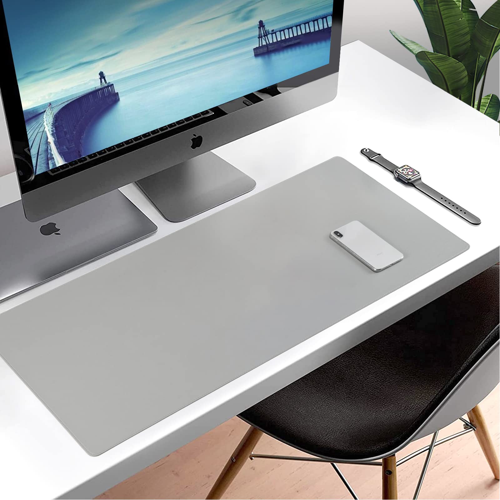 Wolaile PU Leather Desk Pad Blotter,Light Grey Waterproof Office Desktop Mat,36x17in Non-Slip Large