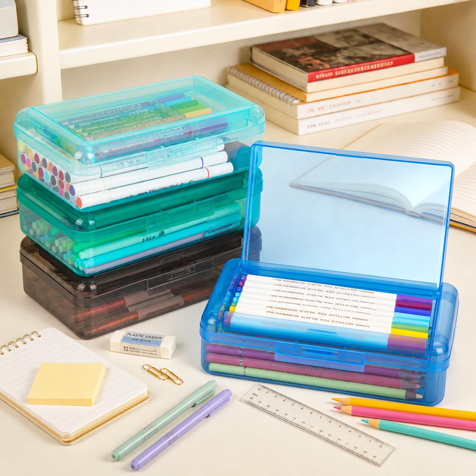 6 Pack Double Layer Plastic Hard Clear Color Pencil box Case for Girl Boy
