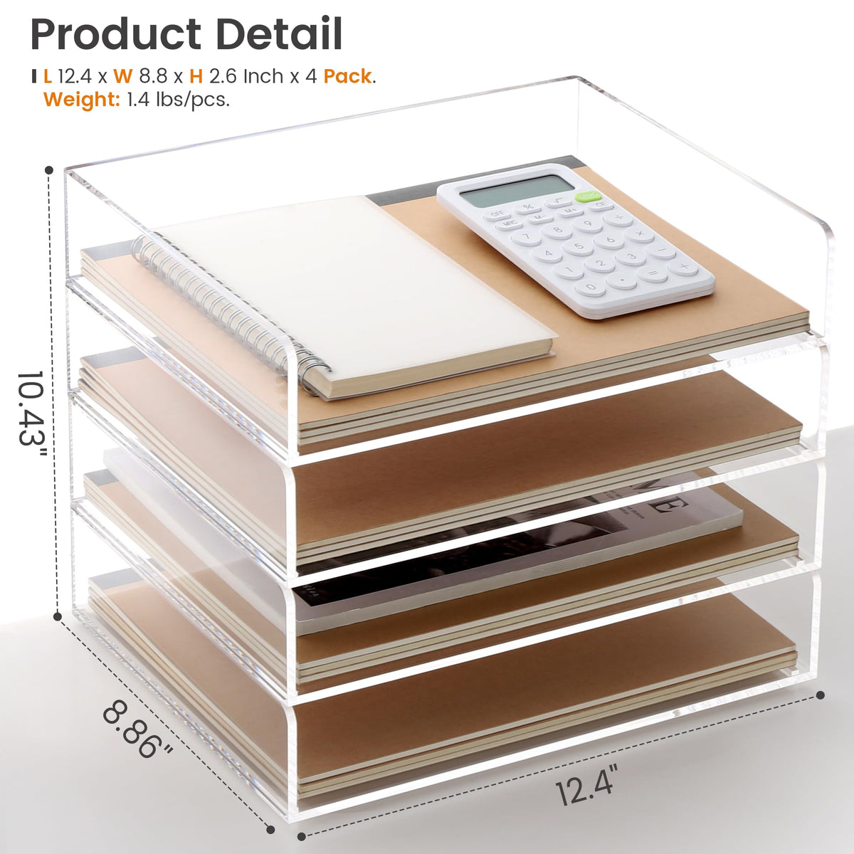 Acrylic Paper Tray, 4 Tier Paper Organizer for Desk, Clear Acrylic Desk Organizers, Stackable