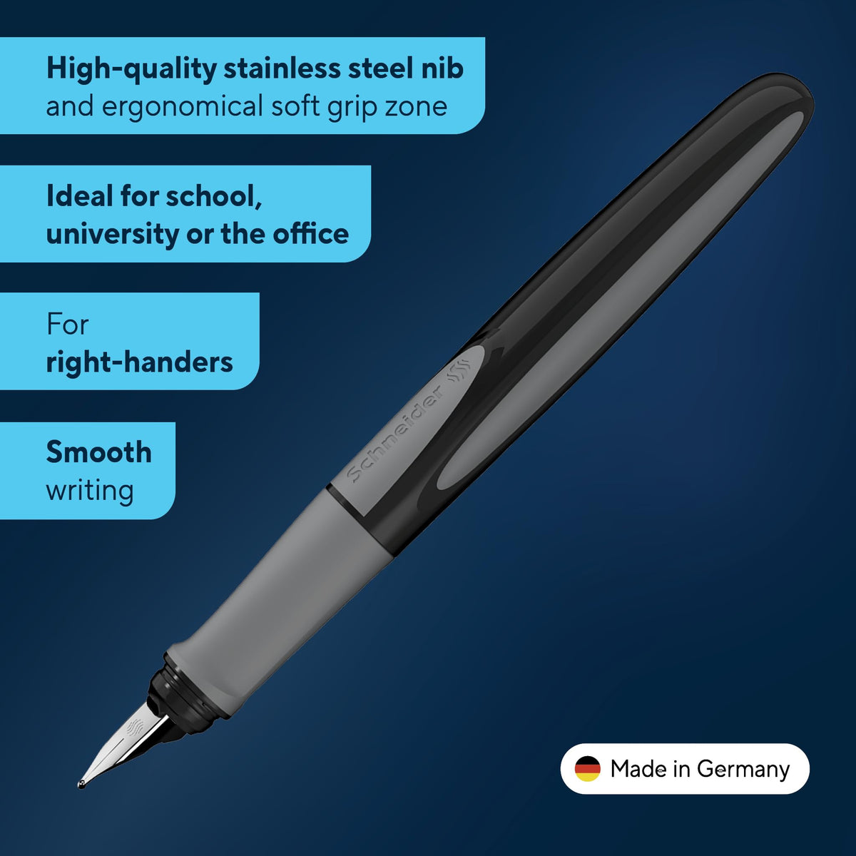 Schneider Ray Fountain Pen M (Medium), Refillable, Onyx Barrel, Royal Blue Erasable Ink Cartridge