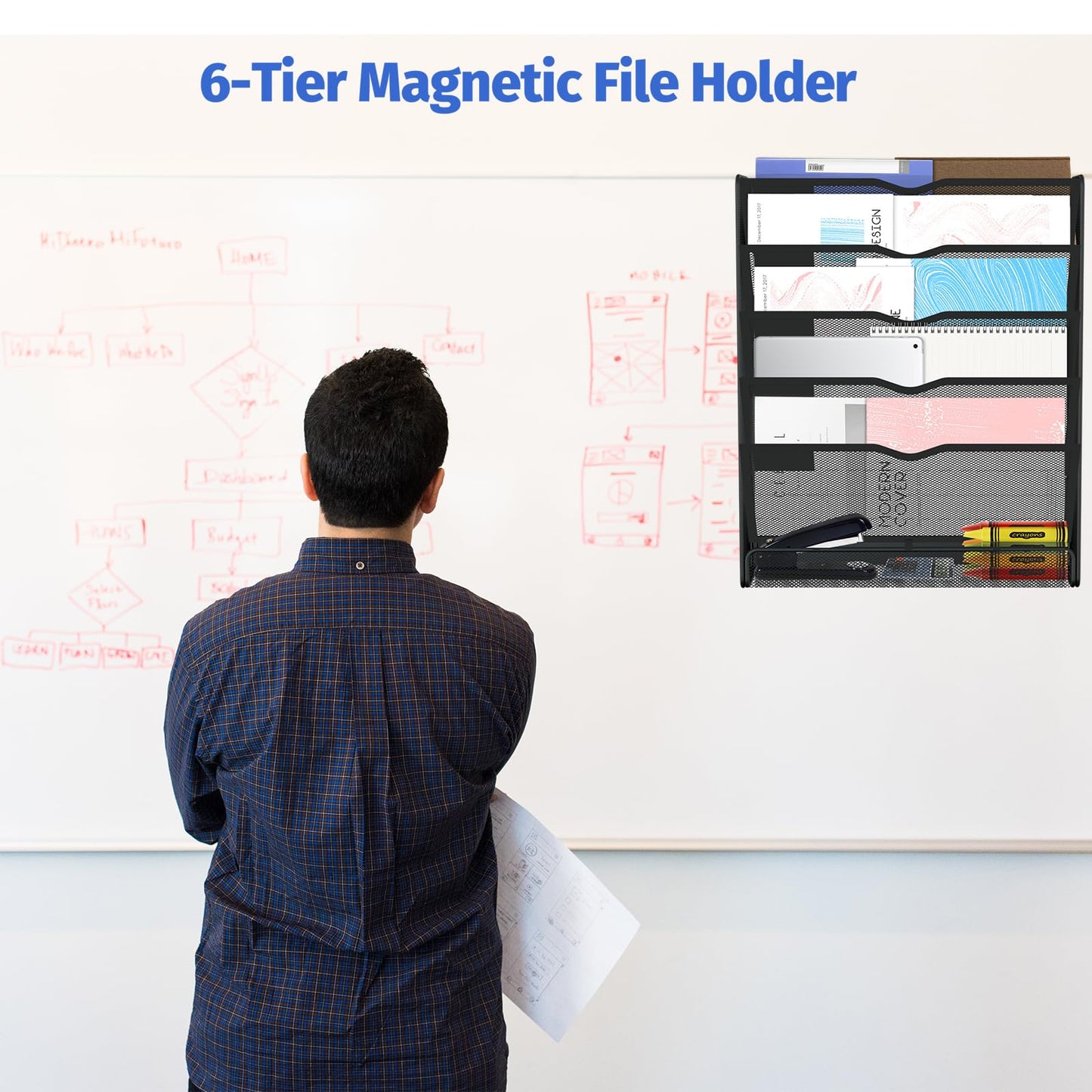 Ounyoizs 6-Tier Magnetic File Holder, Large Capacity File Cabinet Organizer, No-Drill Mount Hanging