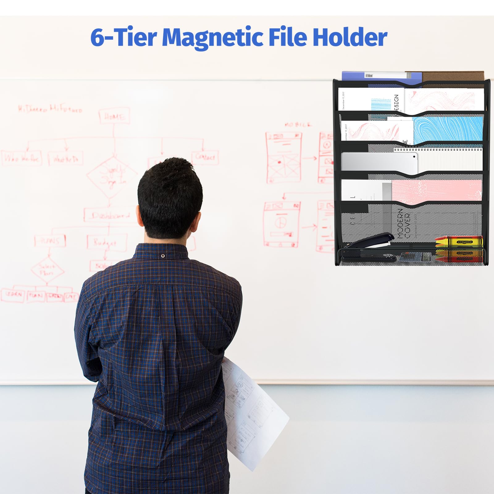 Ounyoizs 6-Tier Magnetic File Holder, Large Capacity File Cabinet Organizer, No-Drill Mount Hanging