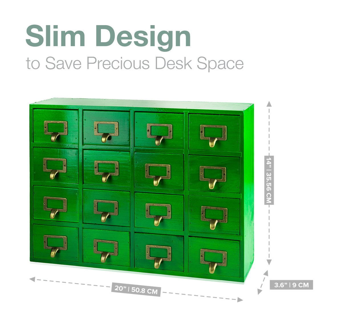 Emerald Green Wood 16-Drawer Apothecary Small Cabinet - 20"x3.6”x14” Card Catalog Style Table Top