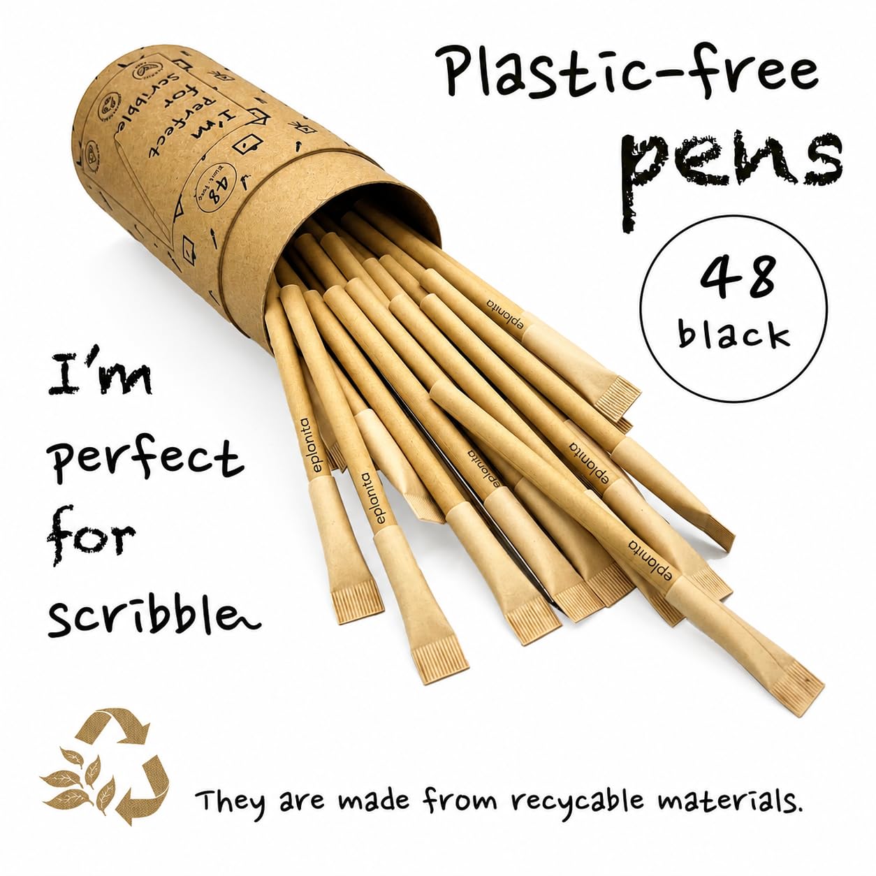 eplanita I’M PERFECT FOR SCRIBBLE – Eco Friendly Pens (Pack of 48), Black Ink Ballpoint Biros