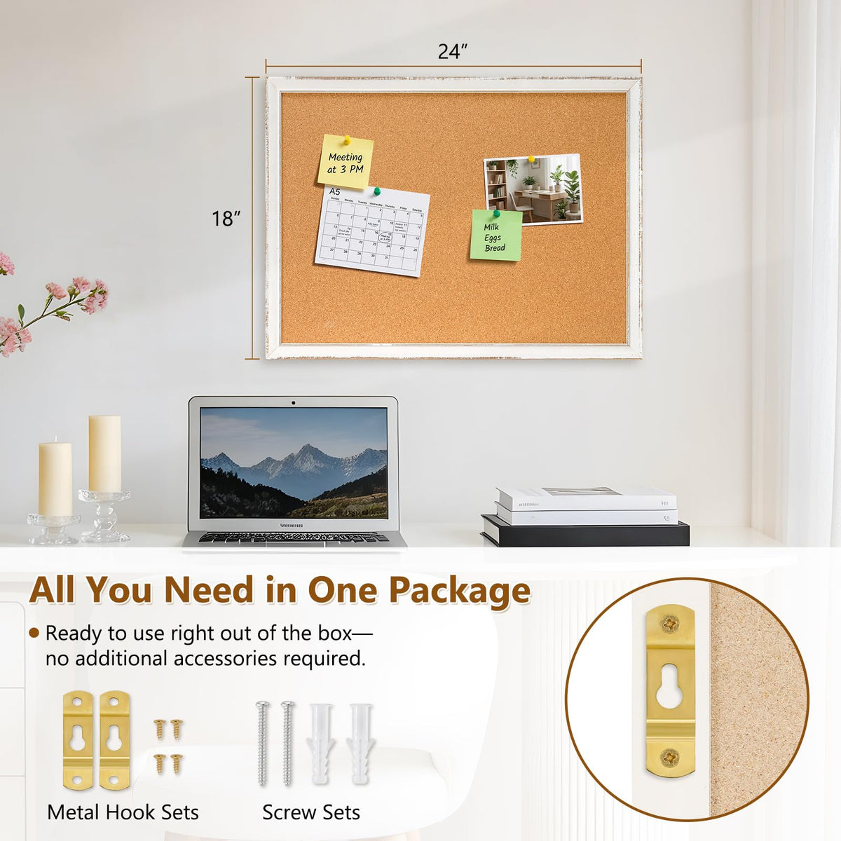 DOLLAR BOSS Distressed White Cork Board, 24"x18" Bulletin Board