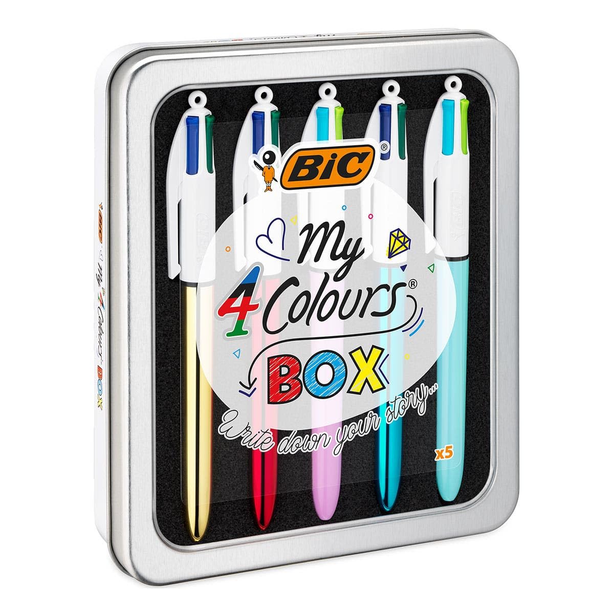 Bic 4 Colours Pens In A Special Metal Tin of 5 Pens, Includes mix of Shine and Bright Barrel