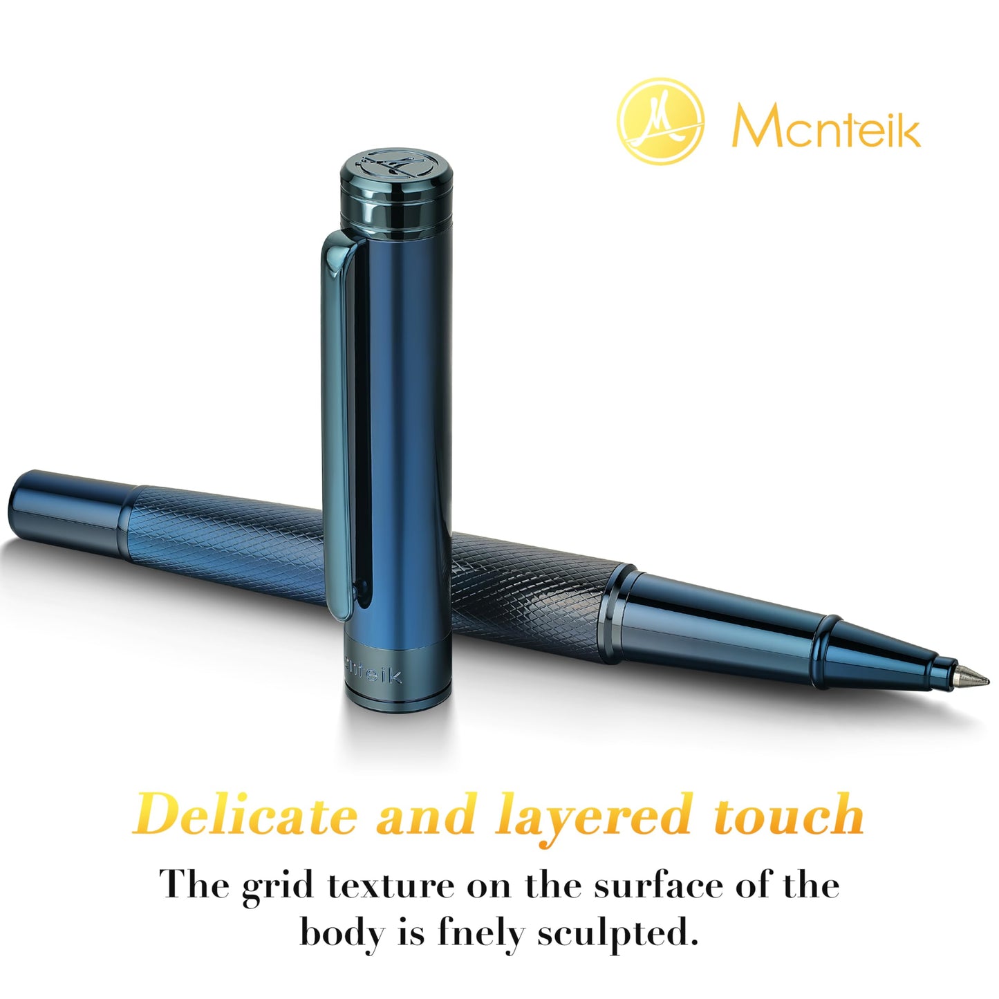 MCNTEIK Electroplated Blue Rollerball Pen, Stunning Luxury Pen with Mesh Texture Design、Schmidt Ink