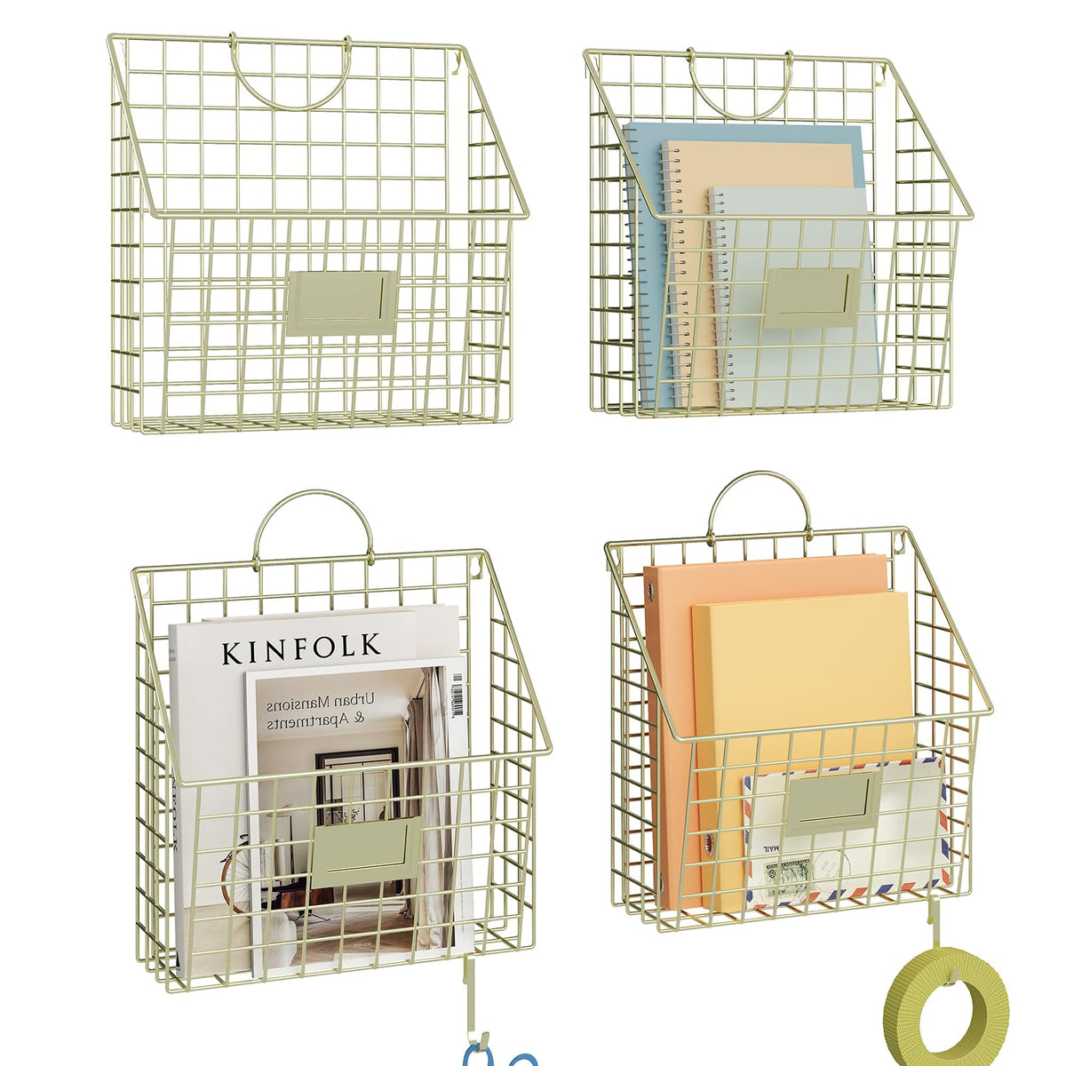 4 Packs Hanging Wall File Organizer with Hooks, Magazine Rack ,Mail Basket