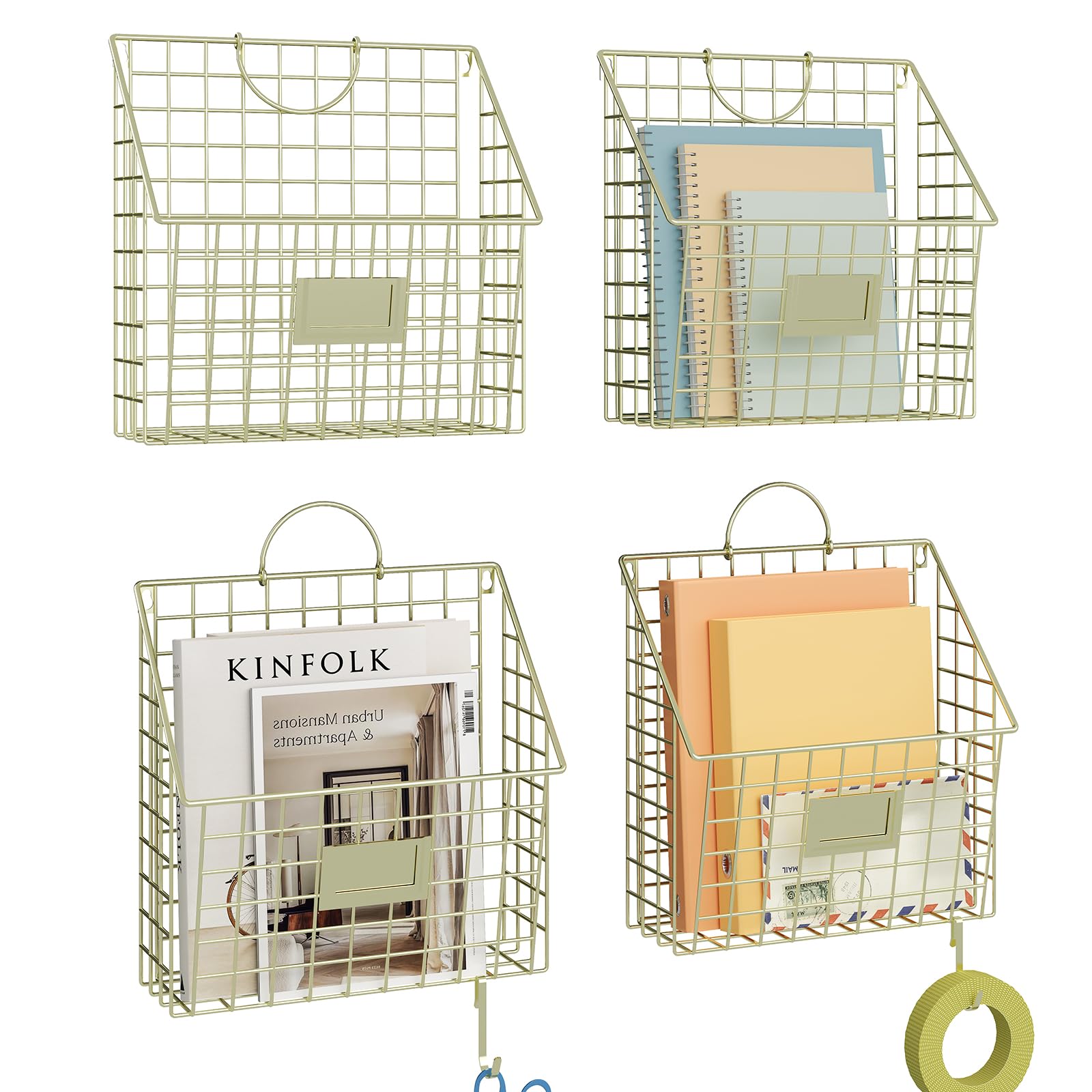 4 Packs Hanging Wall File Organizer with Hooks, Magazine Rack ,Mail Basket