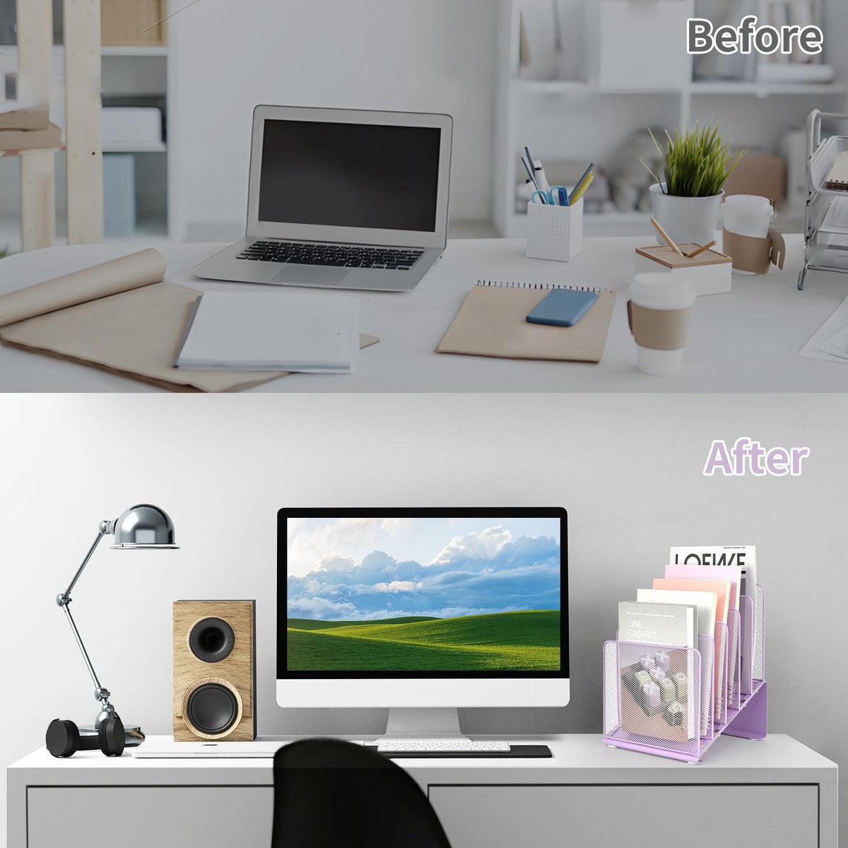 LEKETREE Purple File Organizer for Desk, Desk Organizer with 5-Section Vertical File Rack, File