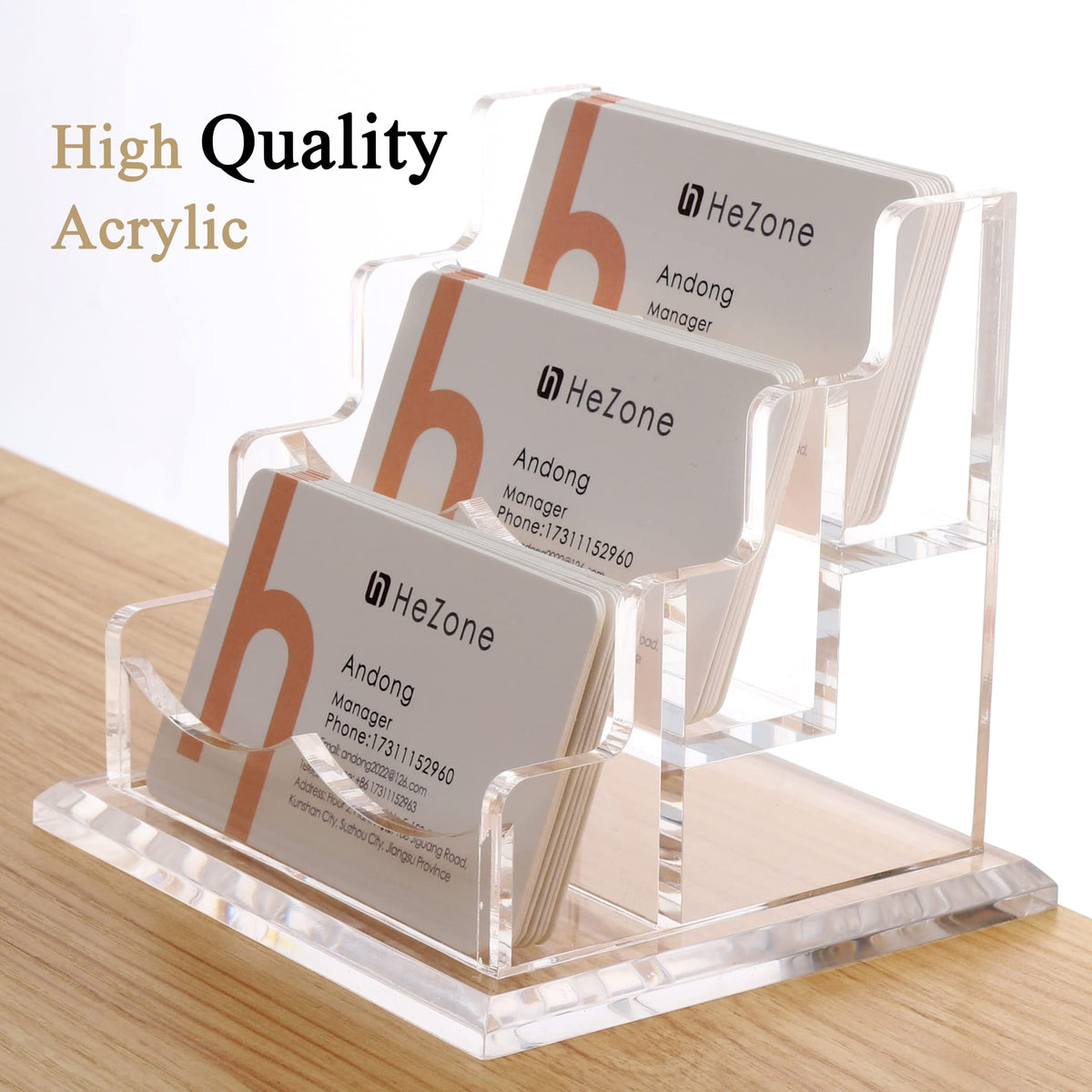 HeZone Business Card Holder for Desk 3 Slots 3 Tier, Clear Acrylic Cards Display Stand, Cards