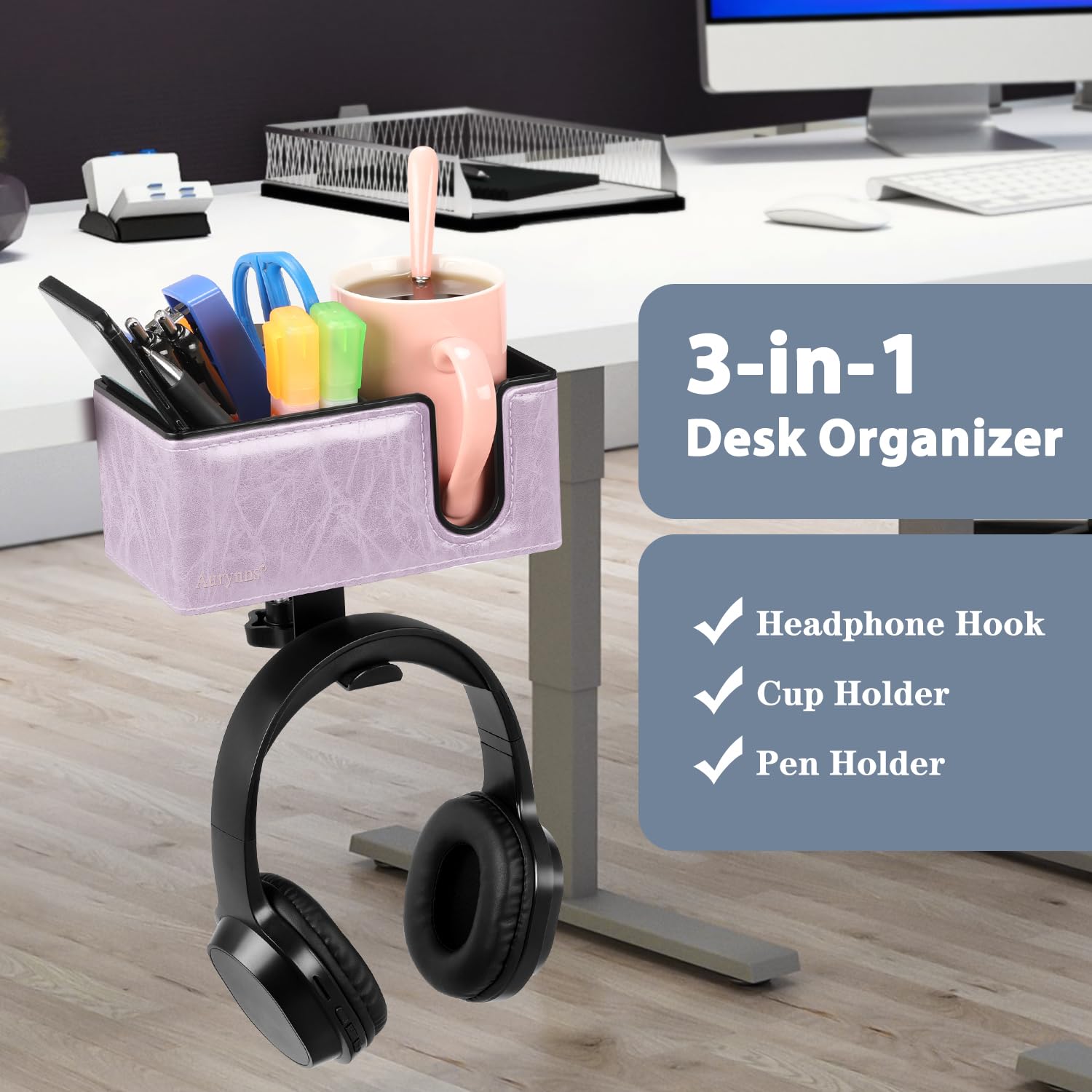 Under Desk Cup Holder Clamp on Cup Holder PU Leather Clip on Desk Organizer