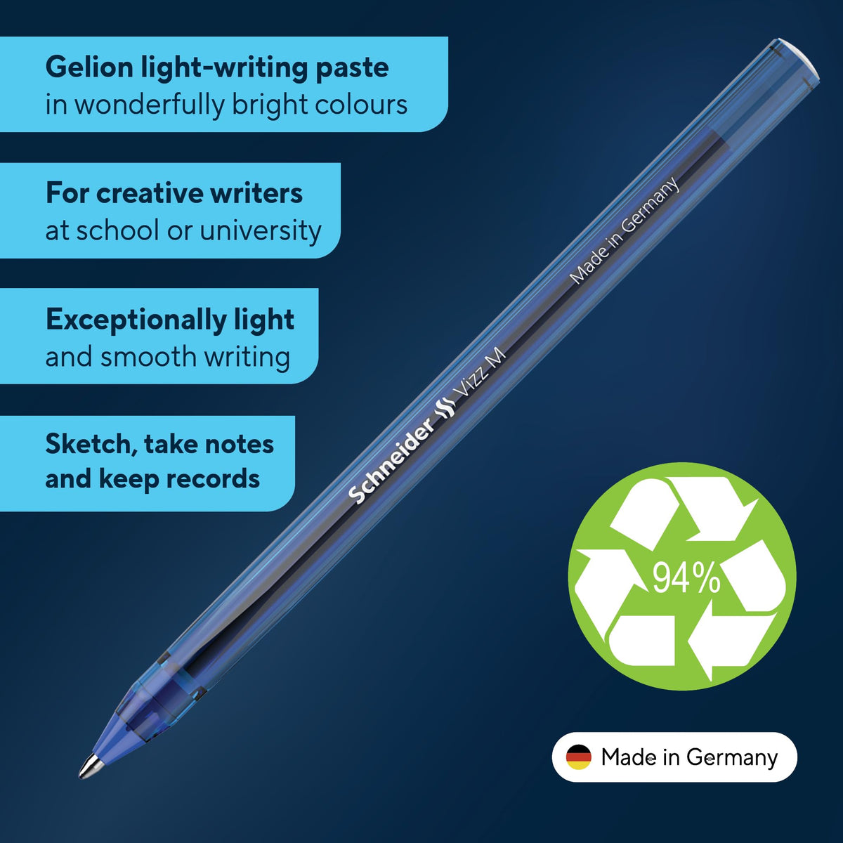 Schneider Vizz Ballpoint Pen for Easy and Quick Writing - Ink Colour Barrel - Medium Line - Blue