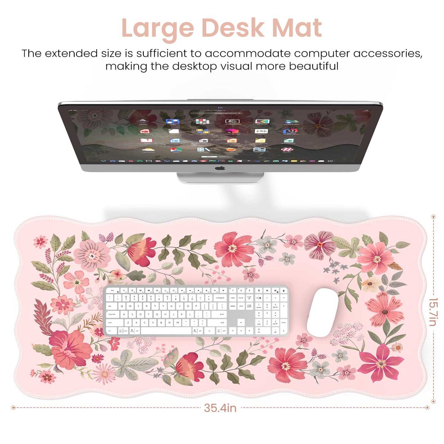 HAOCOO Floral Desktop Mat with Scalloped Edge, XL Computer Pad(Hot Pink)