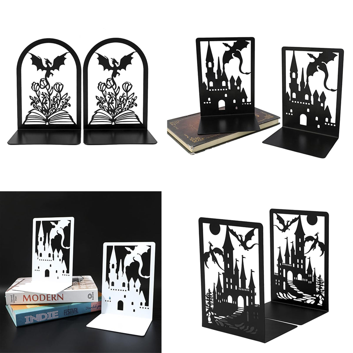 4 Pairs Dragon Book Ends, Heavy Duty Metal Bookends for Shelves