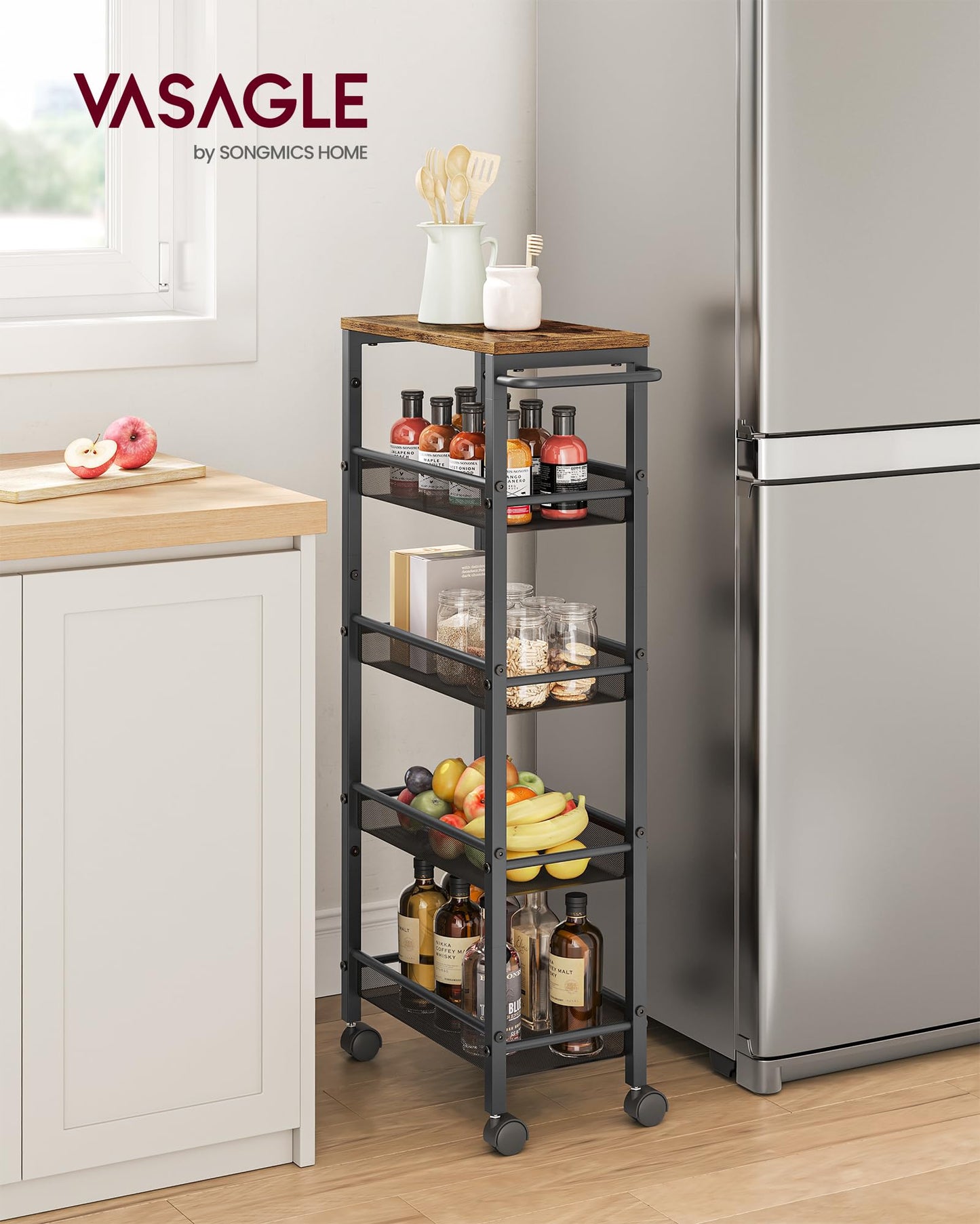 VASAGLE 5-Tier Slim Rolling Storage cart with Wheels, 8.7 Inches, Metal