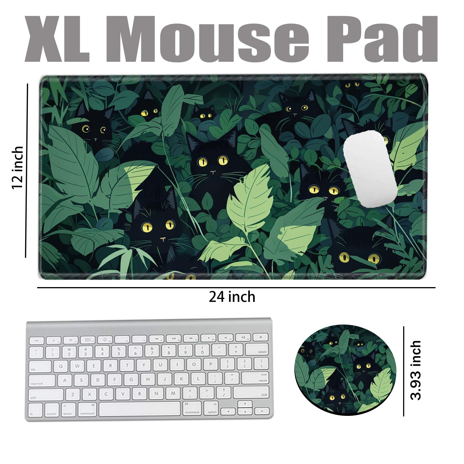Grass Black Cat Mouse Pad Gaming Desk Mat 24x12 Mousepad XL Desk Pad Long Computer Mat Large Mouse