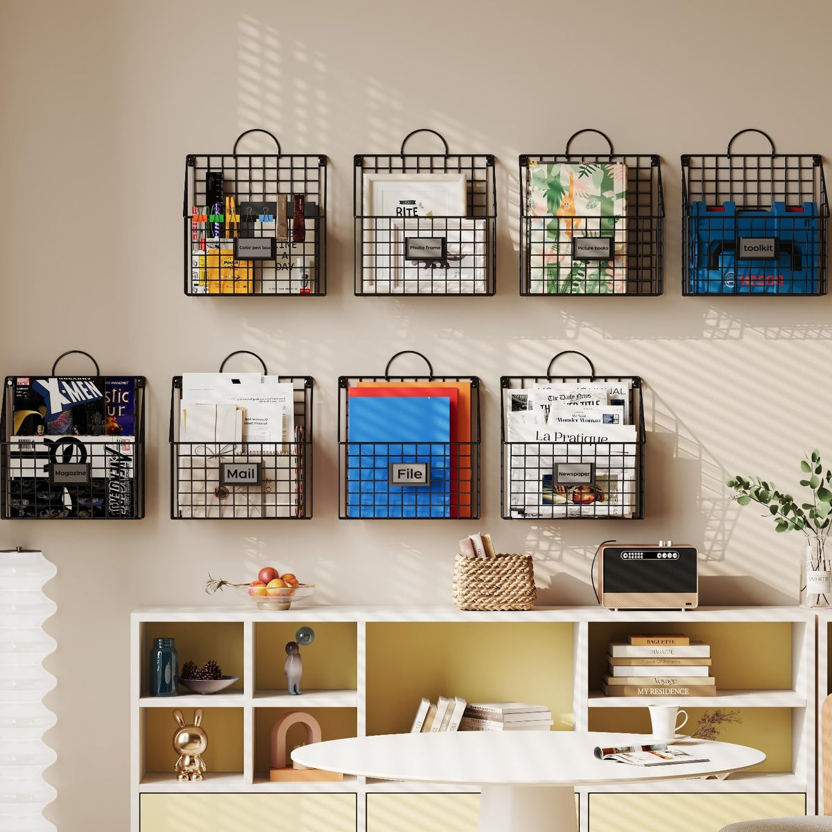 4 Packs Hanging Wall File Organizer with Hooks, Magazine Rack ,Mail Basket