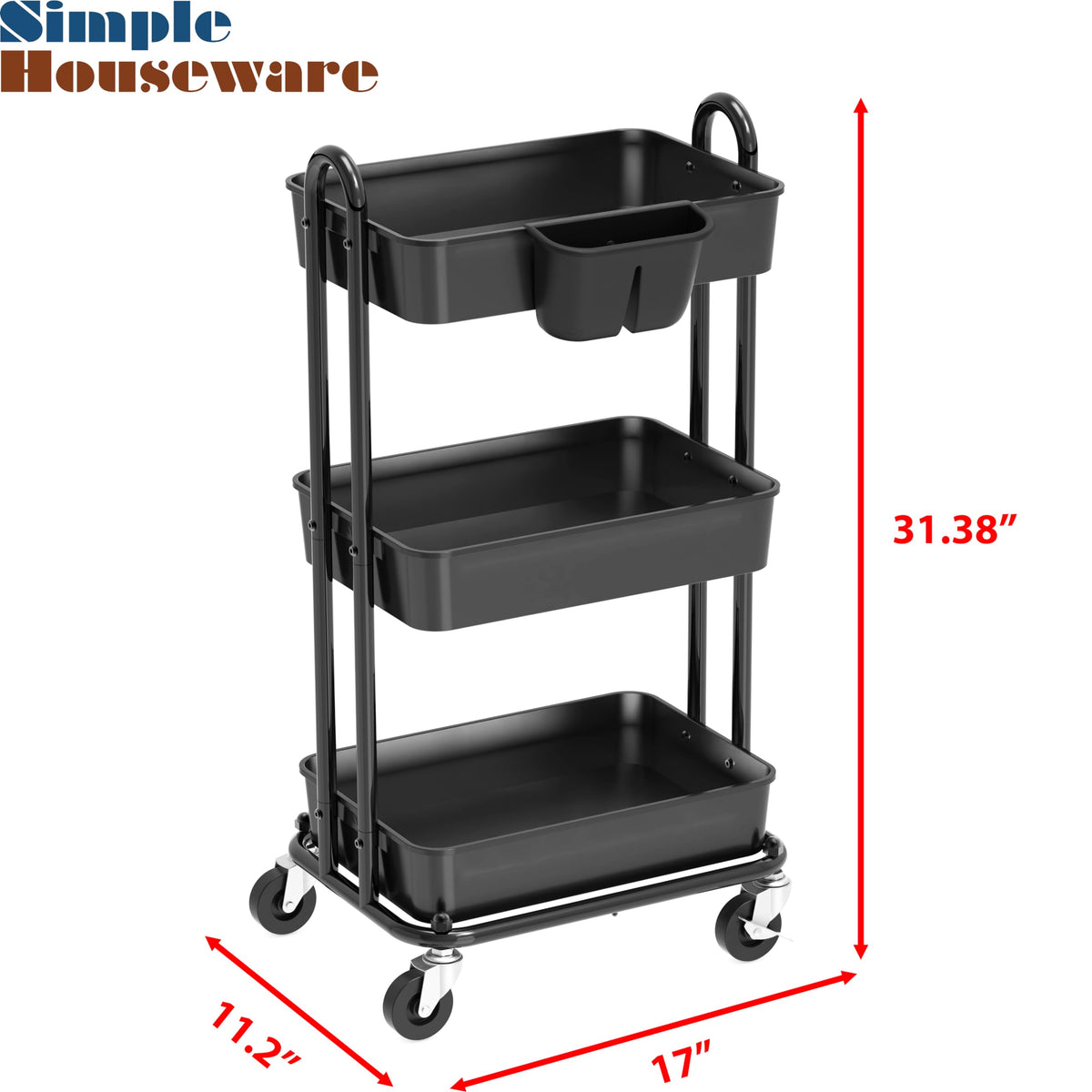 Simple Houseware 3-Tier Rolling Utility Cart with Hanging Bucket, Black