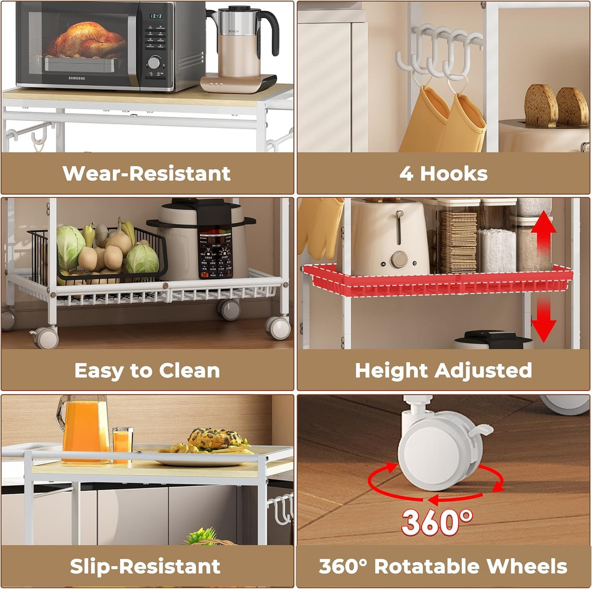 Pkuyres Microwave Kitchen Cart, White Kitchen Shelf with Push Handle, 3 Tier Rolling Microwave