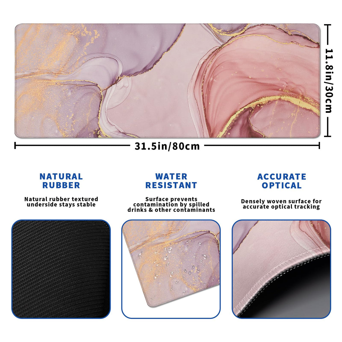 Rose Gold Marble Mouse Pad Abstract Marble Mouse Pad 31.5x11.8 Inch Texture Non-Slip Rubber Base