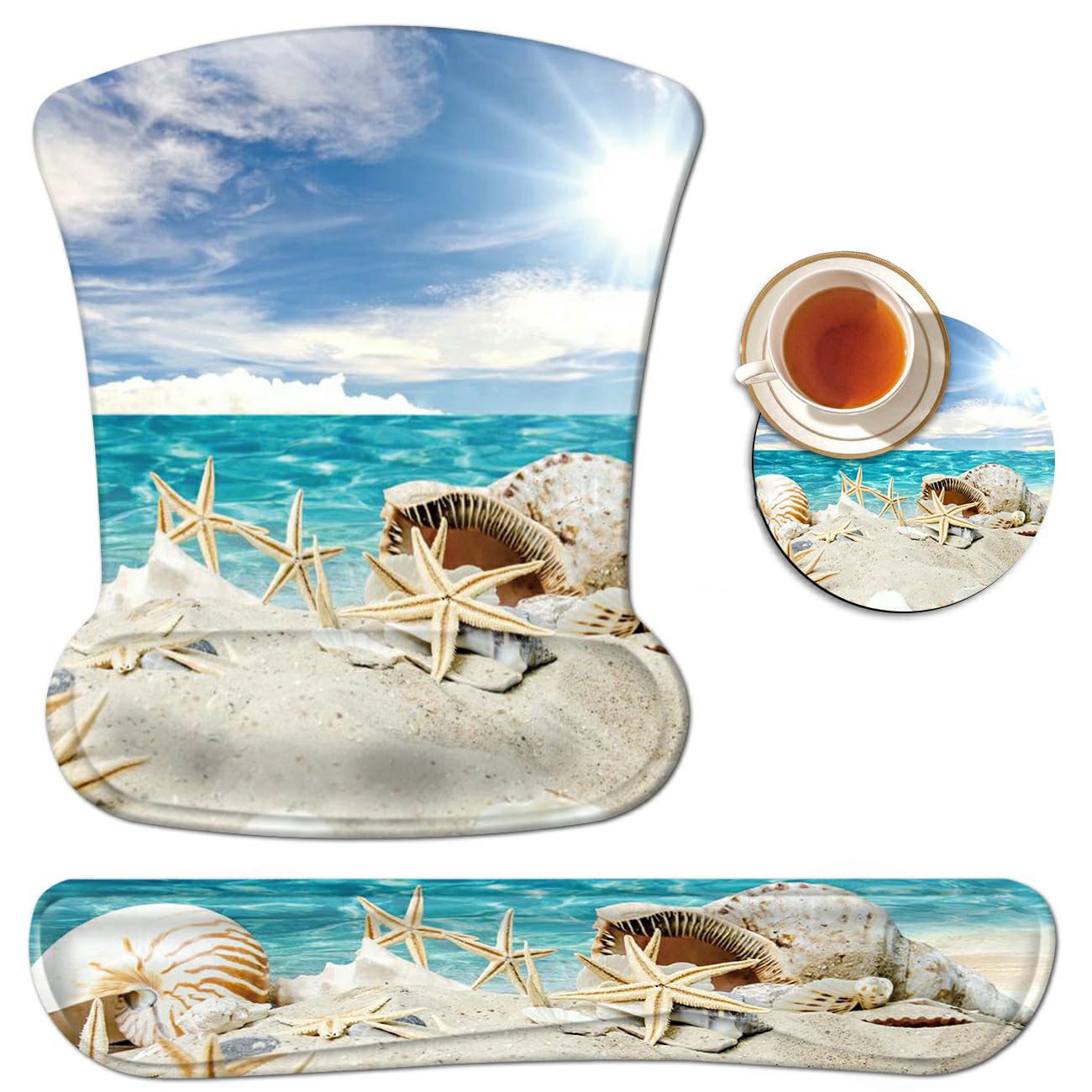 BEOTIWAD Memory Foam Mouse Pad Wrist Rest Set,Seashells Beach