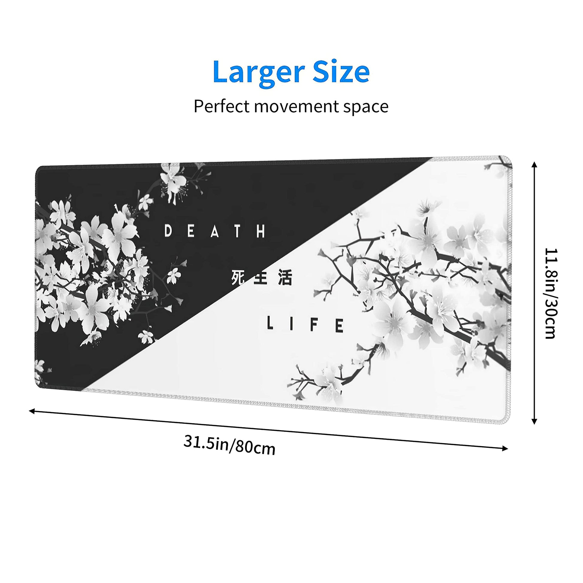 Black White Cherry Blossom Mouse Pad Japanese Sakura Death Life Extended Desk Mat 80X30 cm Non-Slip