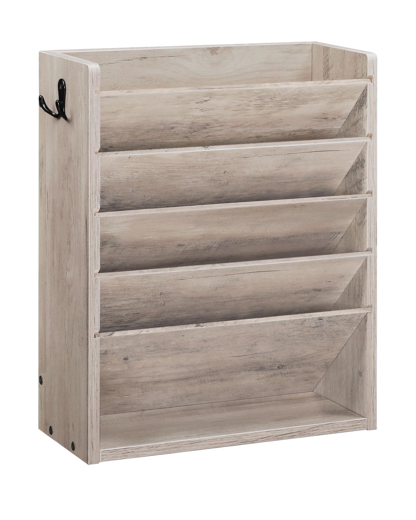 CHOEZON Wall File Organizer, 6-Tier Vertical Mount Hanging Holder with 2 Side Hooks, Modern Wooden