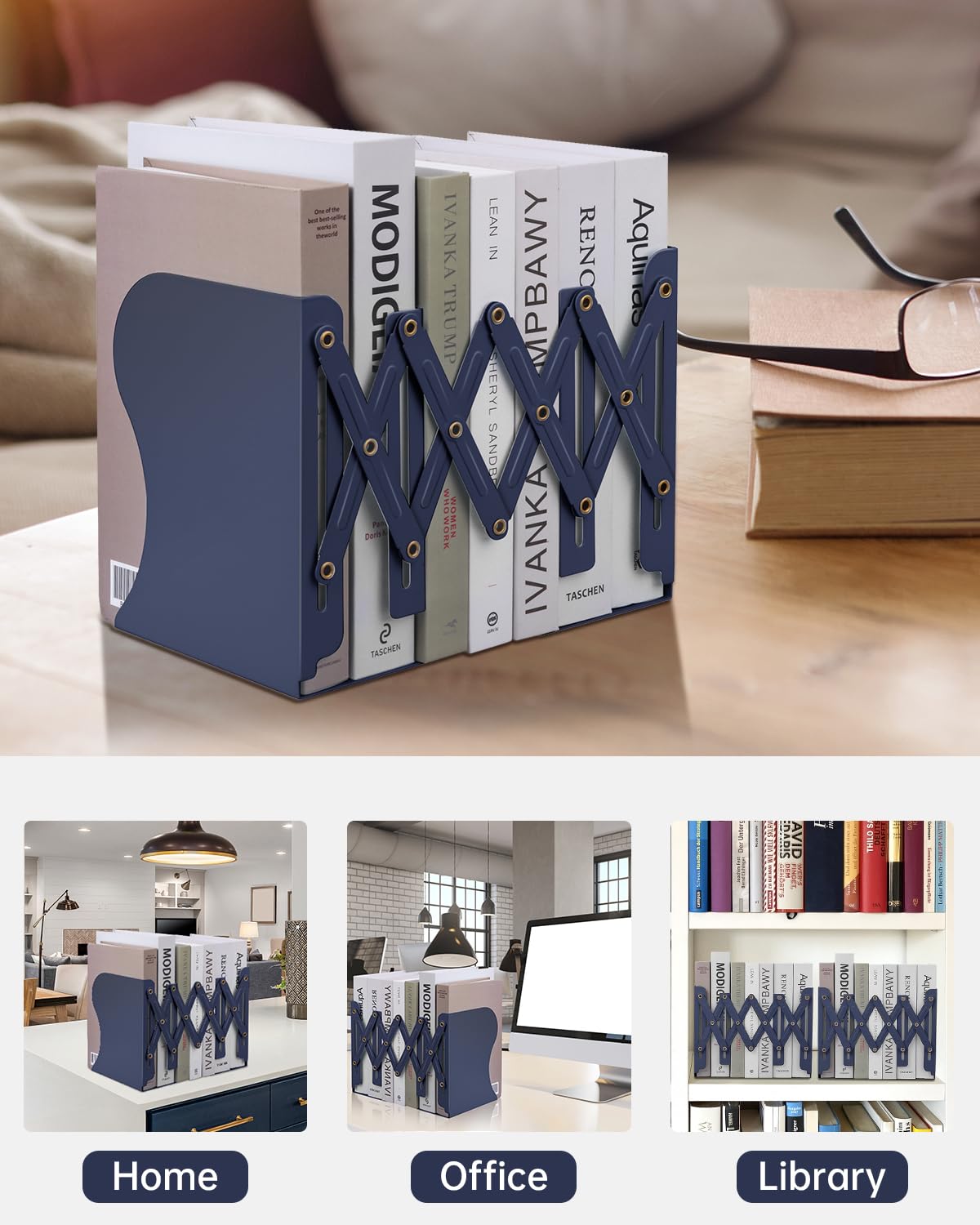 Honagu Adjustable Bookends, Metal Book Ends for Shelves Heavy Book, Desk Magazine File Organizer
