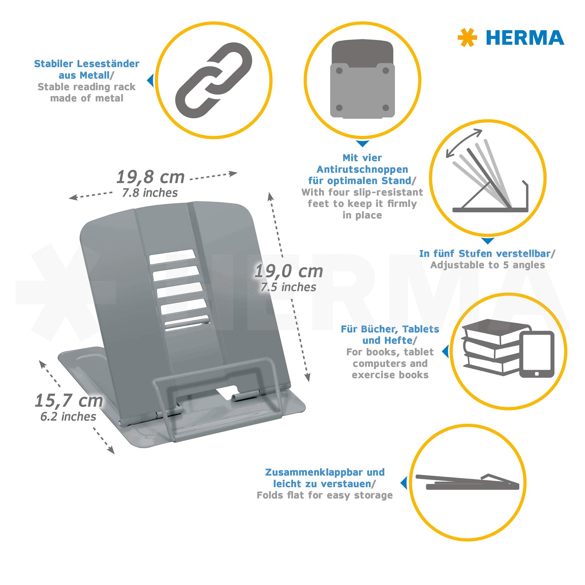 HERMA Metal Book Stand (19.8 x 22.2 x 3.3 cm Folded) Adjustable Anti-Slip Cookbook Holder for