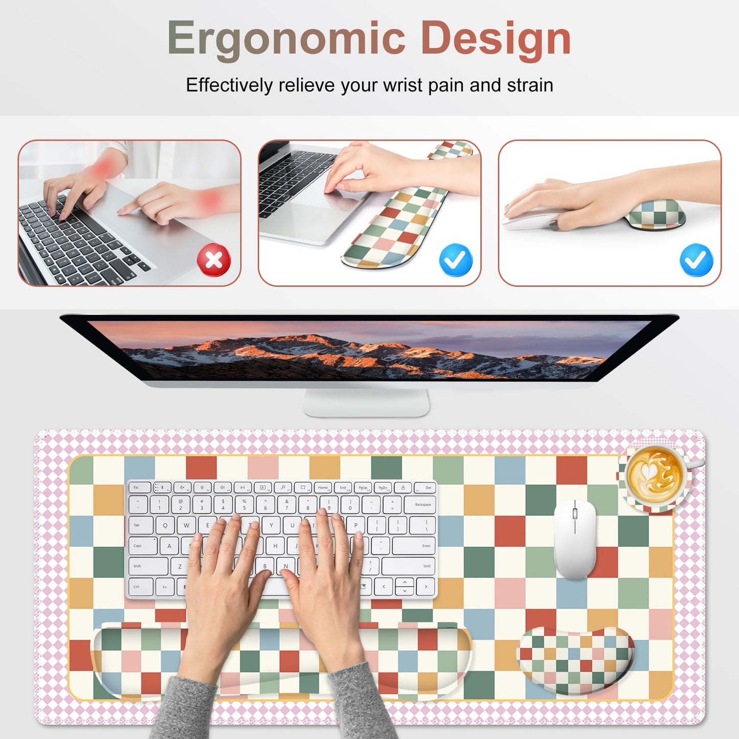 Vintage Macaron Checker Mouse Pad Set, 4 in1 Ergonomics Keyboard Desk Mat with Memory Foam Wrist