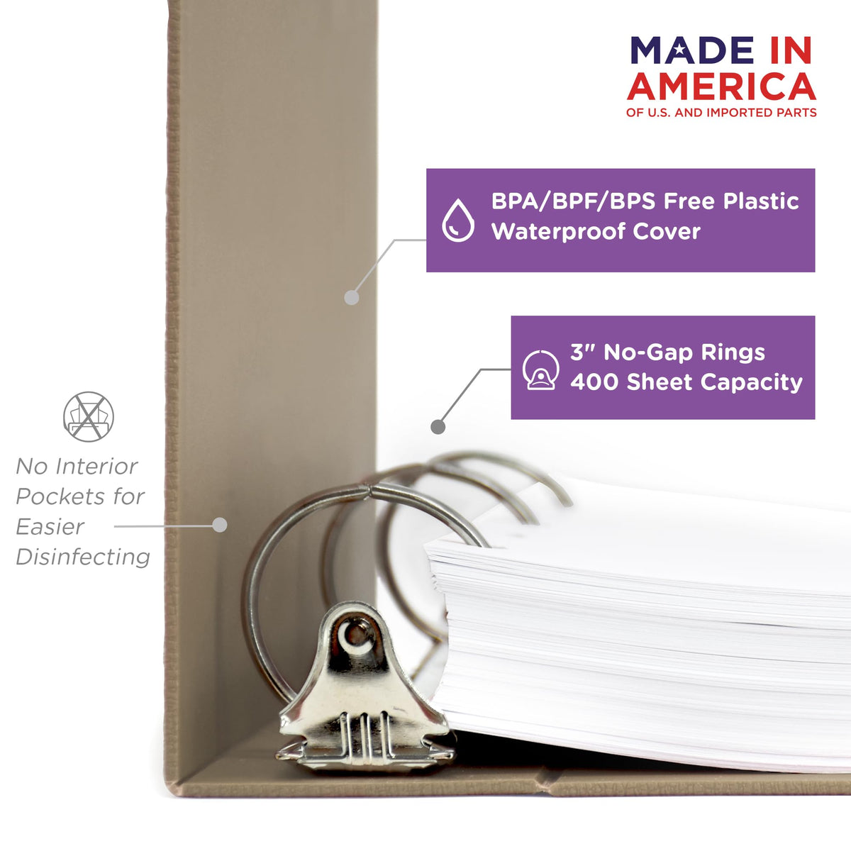 Carstens 3-Inch Heavy Duty 3-Ring Binder - Side Opening, Sand, Durable Plastic, Precision No-Gap