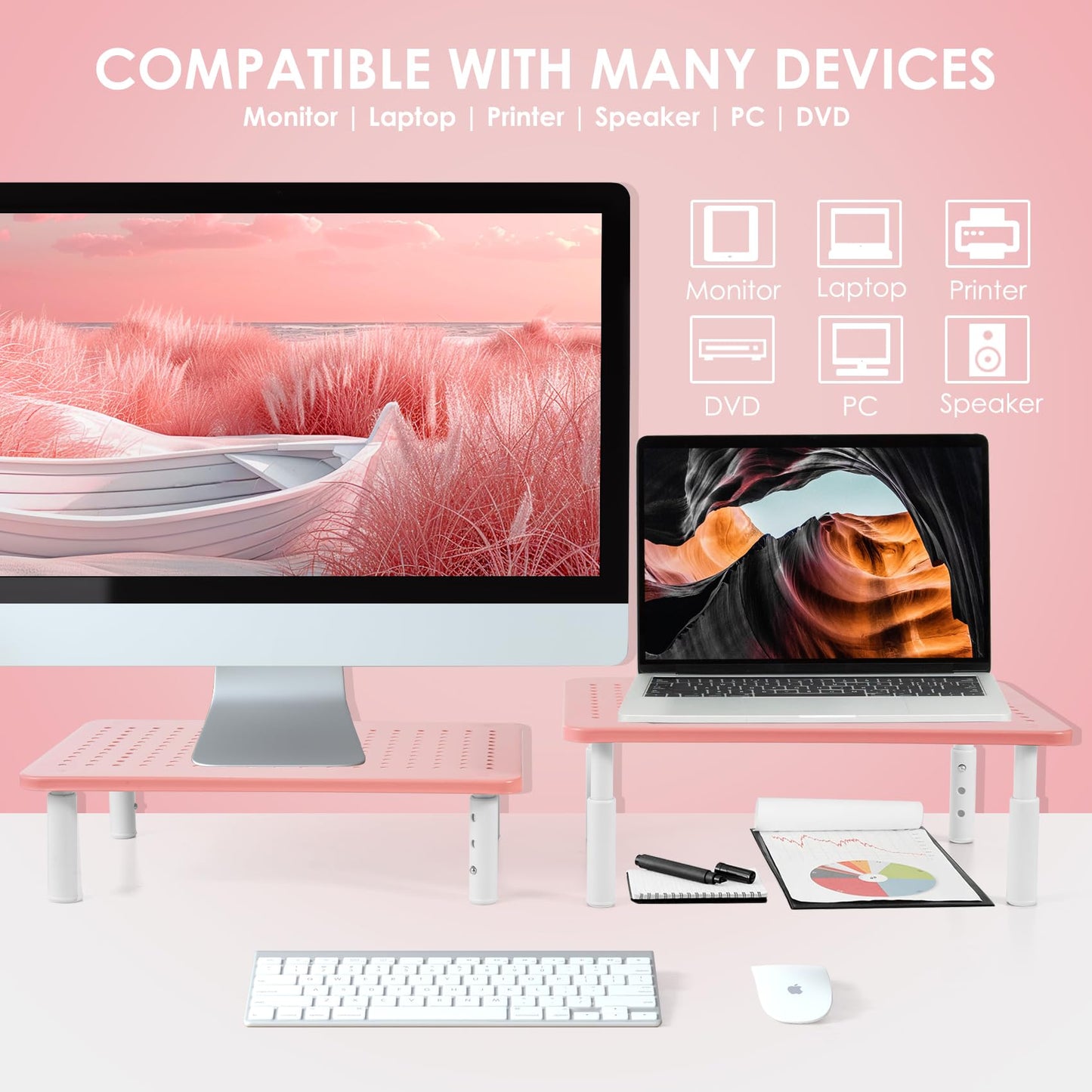 2 Pack Monitor Riser Desktop Stand Flat Screen TV Monitor Stand Pink