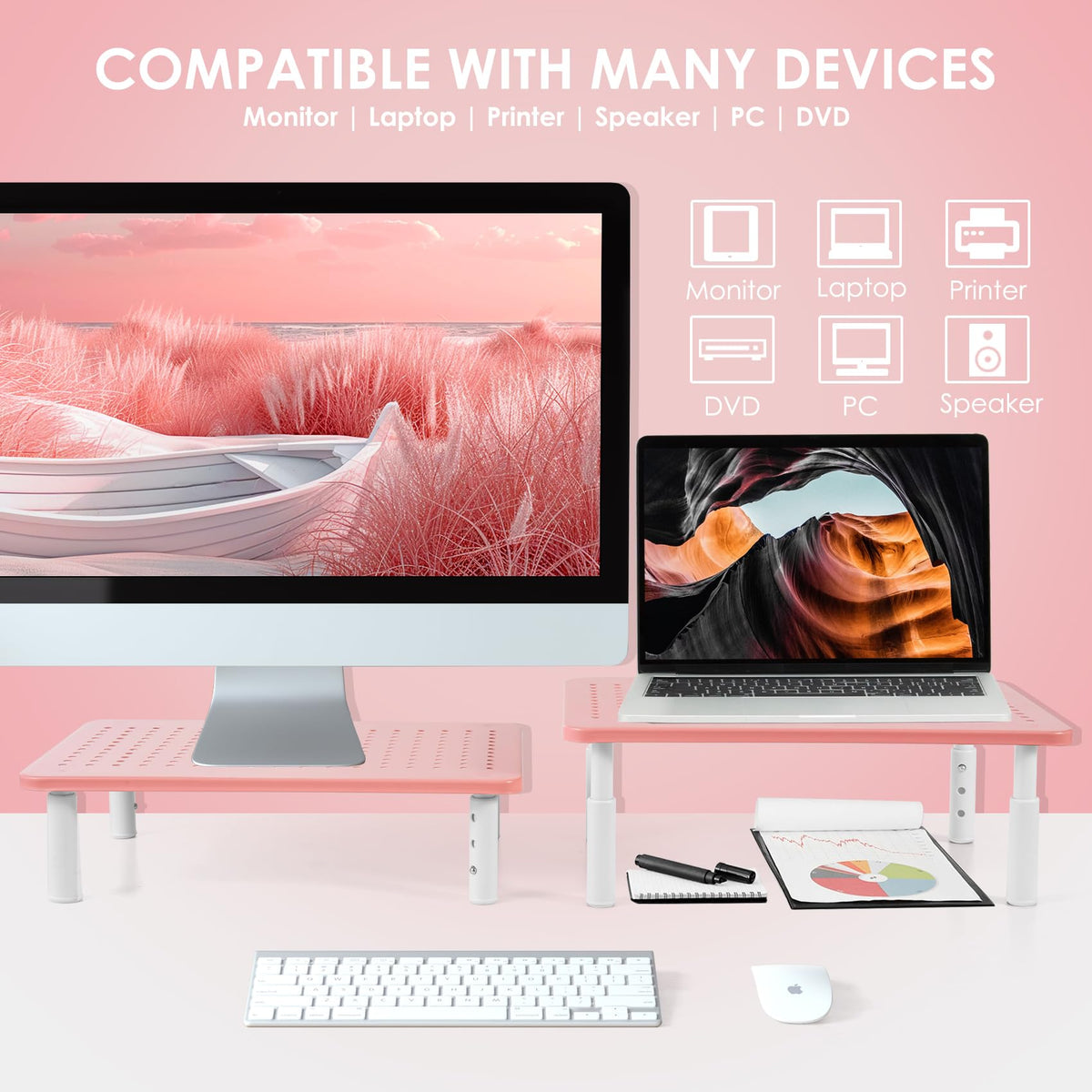 2 Pack Monitor Riser Desktop Stand Flat Screen TV Monitor Stand Pink
