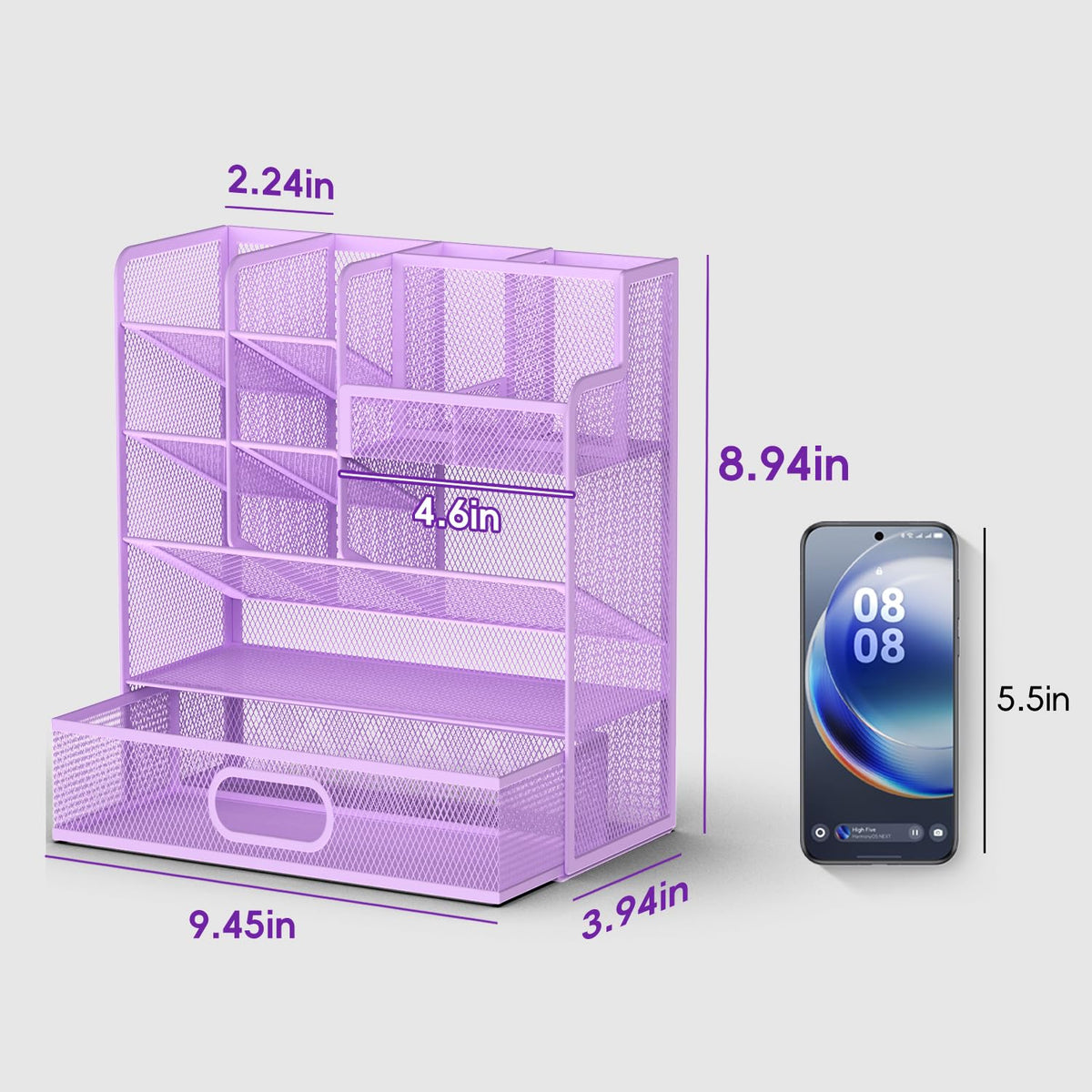 ReePlan Mesh Pen Organizer for Desk, 13 Compartments with Drawer， Purple
