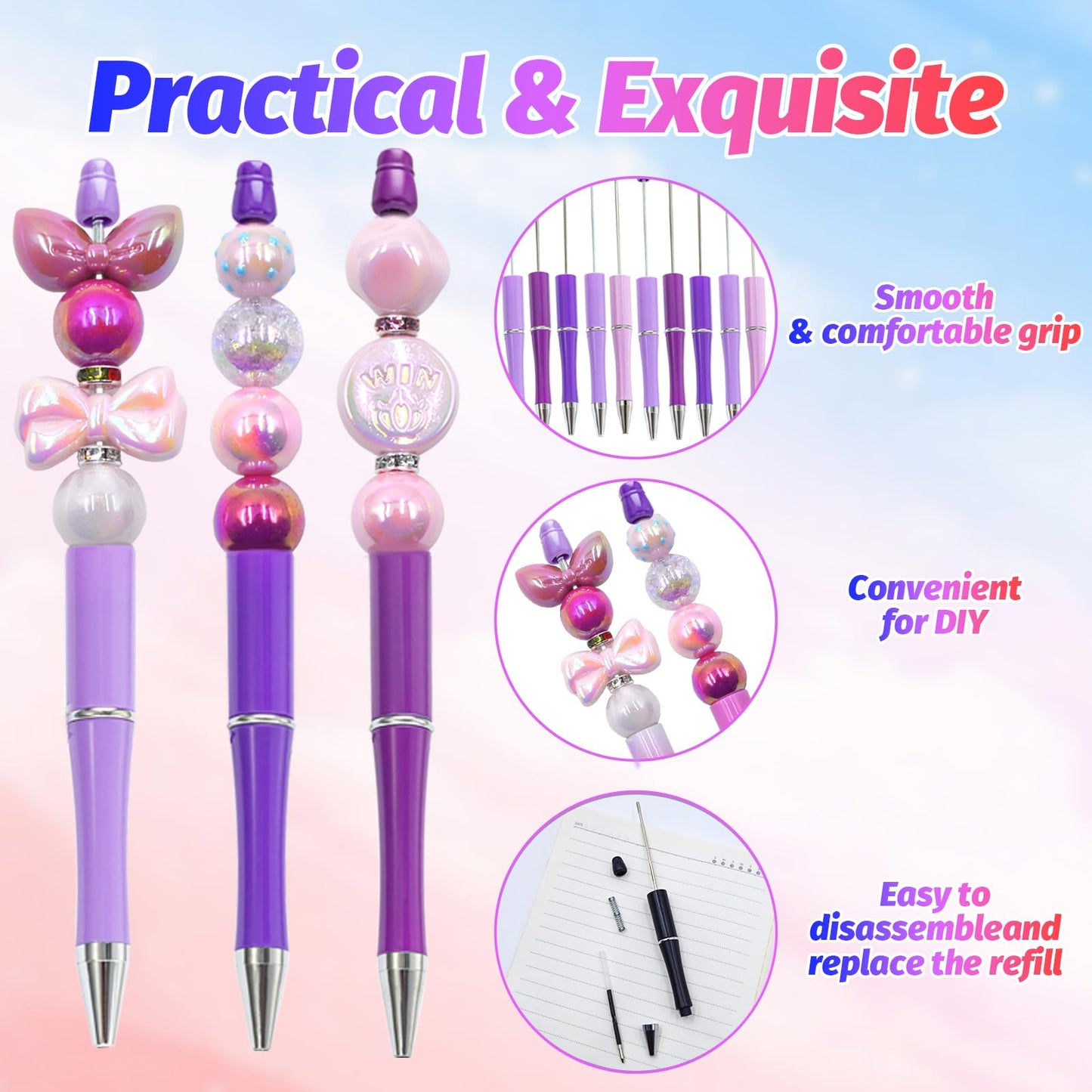 DASTTUIS 300 Pieces DIY Beadable Pens Kit - 100 plastic Beadable Pens Bulk, Refills & pen bags