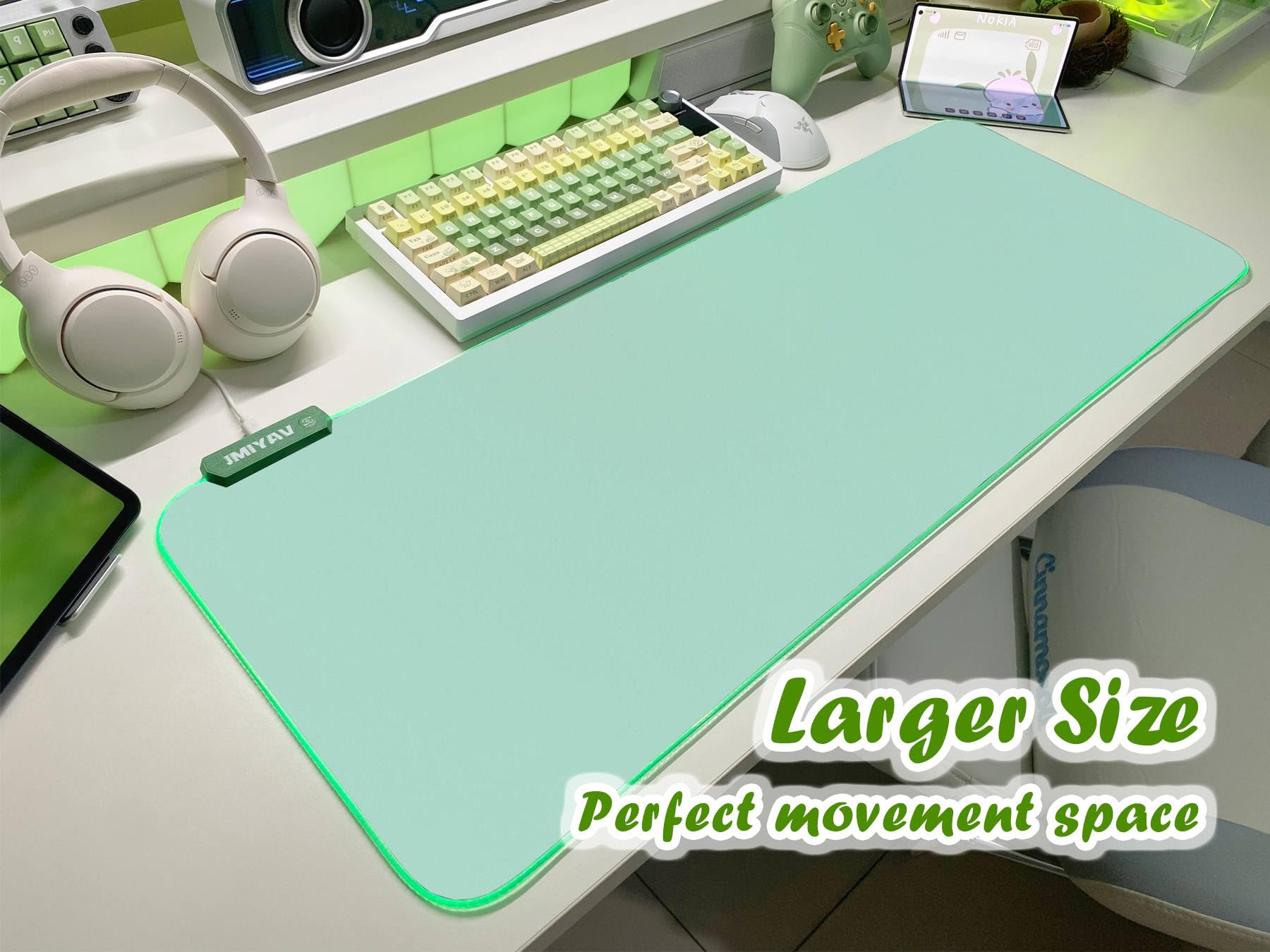 JMIYAV Green RGB Gaming Mouse Pad 31.5x12 Inch PC XL Large Glowing Led Light Up Desk Pad Non-Slip