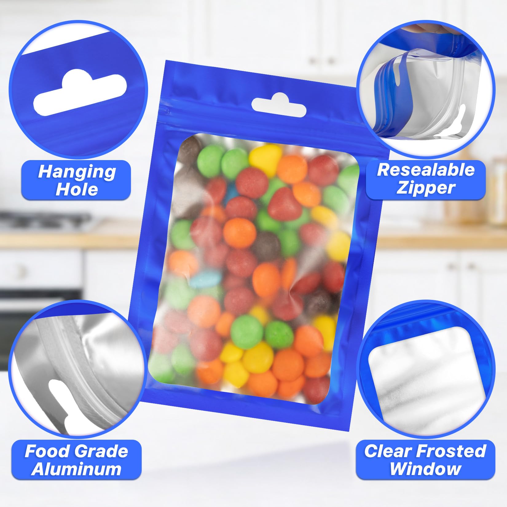 ANZNKU 100Pcs Blue Mylar Bags, Resealable Smell Proof Zip Goodie Baggies