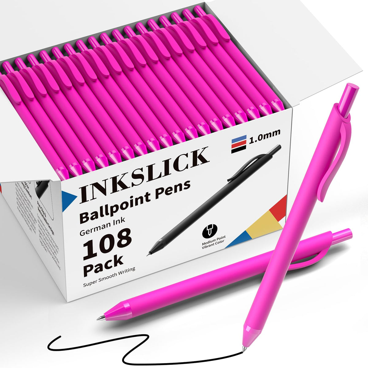 InkSlick 108 Pack Black Ink Pens Bulk Retractable Ballpoint Pens 1.0mm