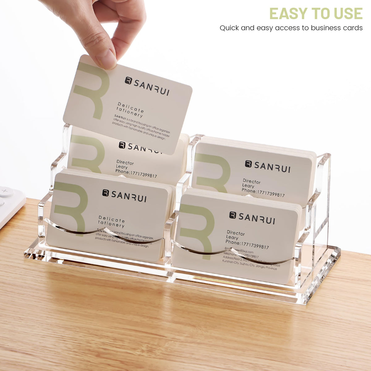 SANRUI Acrylic Business Card Holder for Desk, 2 Tier 4 Slot Horizontal