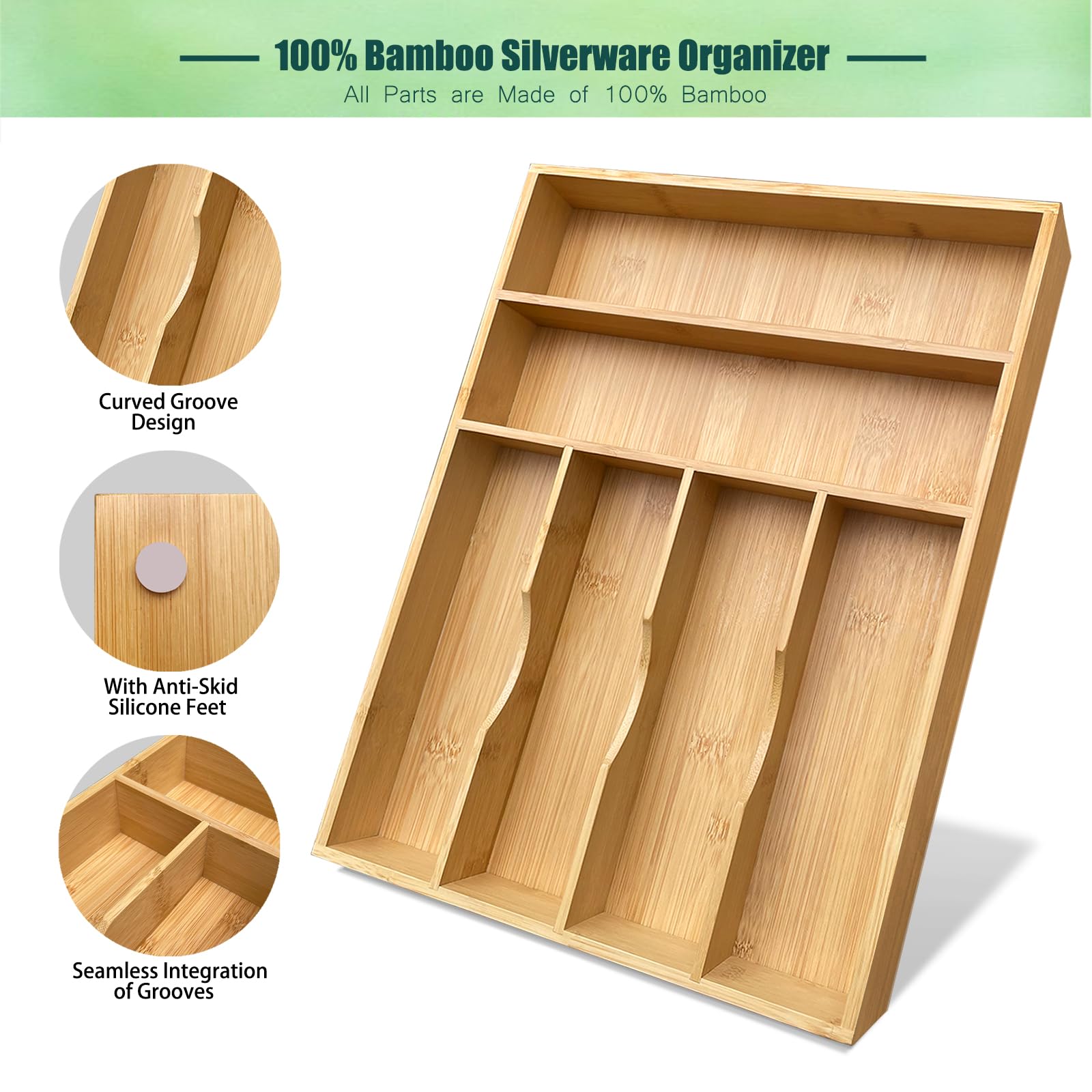 guiogc Bamboo Kitchen Drawer Organizer, 11.6" W x 17" H Silverware Utensil Tray Holder, Wood
