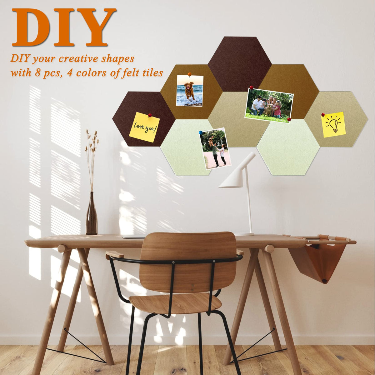 HULAVO 8 Pcs Hexagon Felt Cork Bulletin Board Tiles, Self Adhesive DIY Bulletin Board Pin Board for